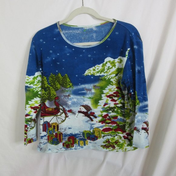 Jane Ashley Christmas Holiday Sweater Blouse Snowman Sled Beaded Size Large - Picture 3 of 11